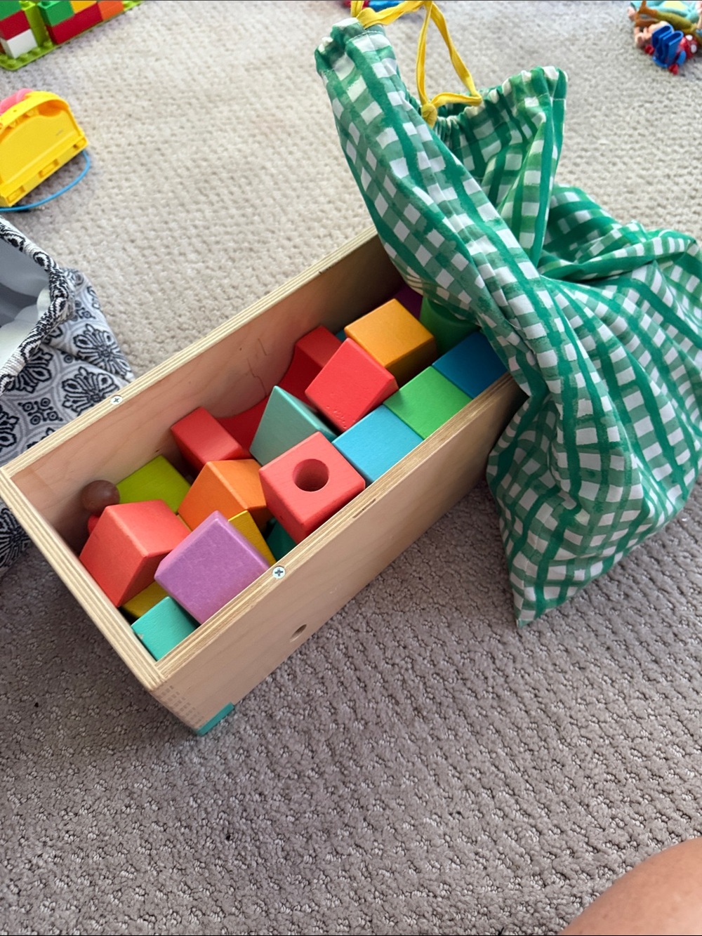 Colorful Wooden Shape Block Set with Green Drawstring Bag